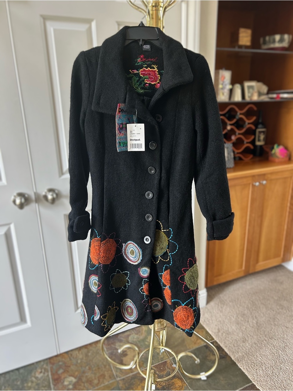 Desigual Black Long-Sleeve Button Coat Dress with Multicolor Floral Embroidery